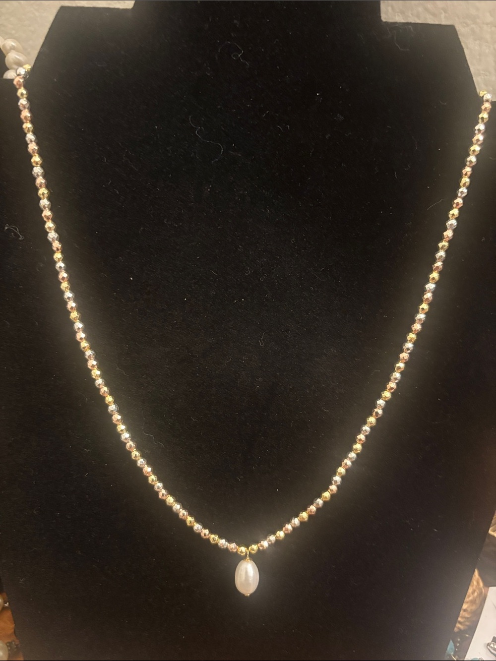 Gold Beaded Necklace with Pearl Drop